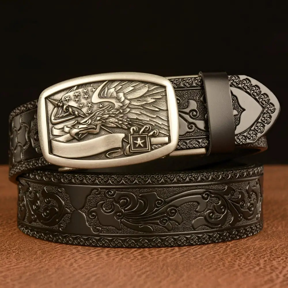 Embossed black leather animal spirit belt with eagle buckle, ideal as a spirit belt accessory