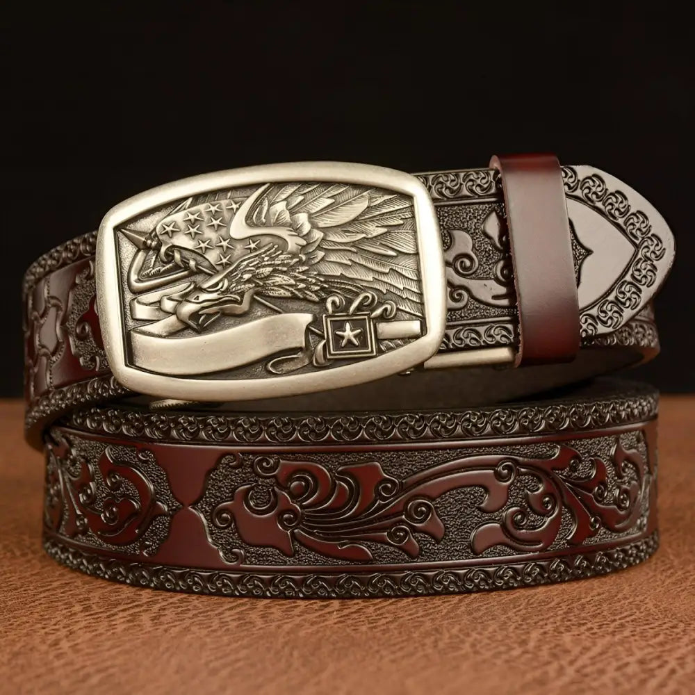 Embossed black leather animal spirit belt with eagle buckle from Evan Model