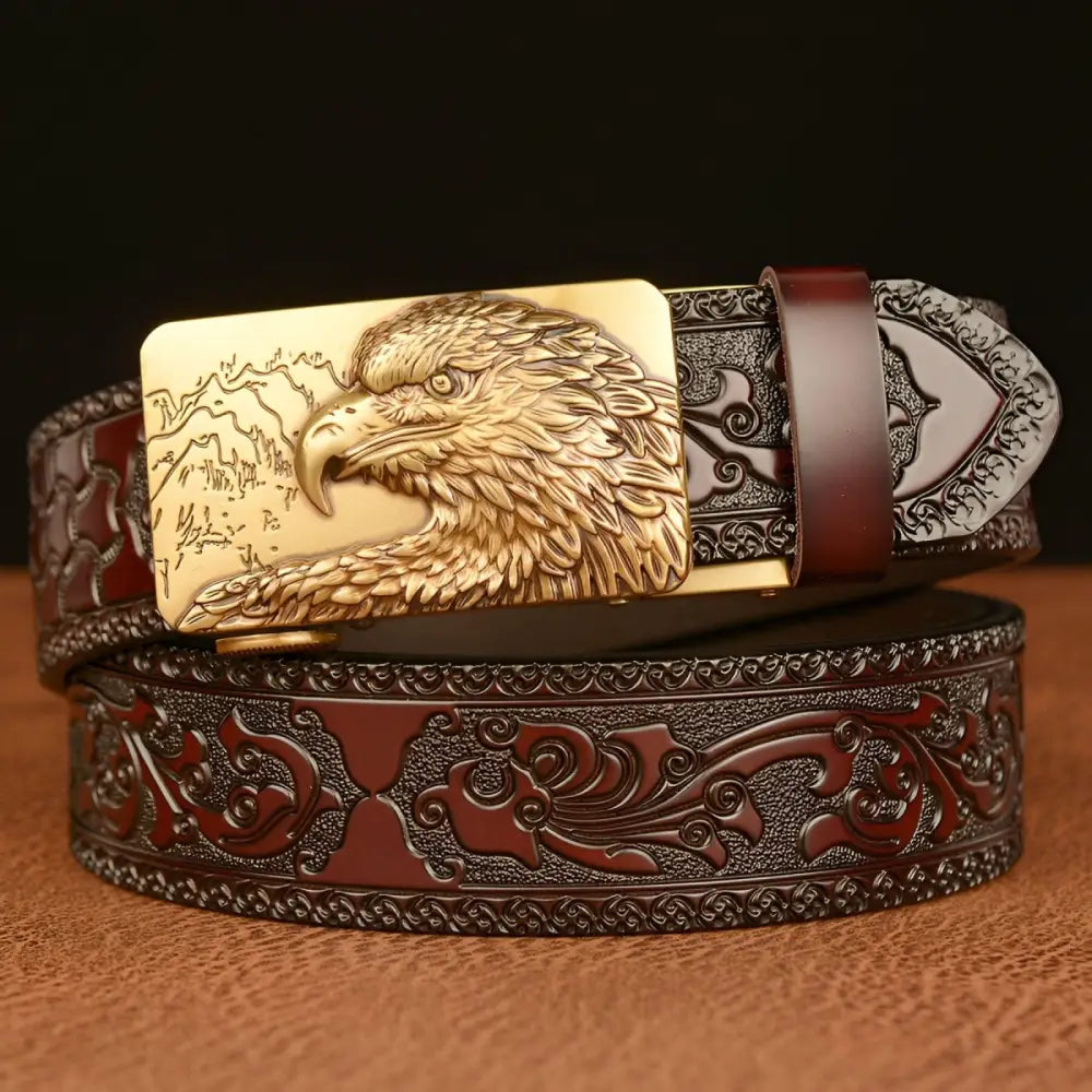 Embossed leather animal spirit belt featuring an eagle buckle, ideal as a spirit belt accessory