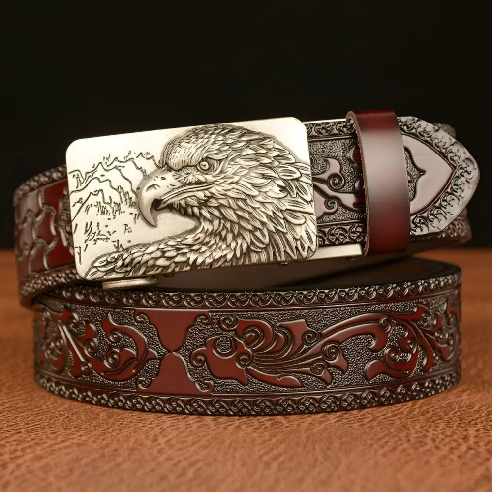 Embossed leather animal spirit belt with eagle buckle, stylish spirit belt accessory