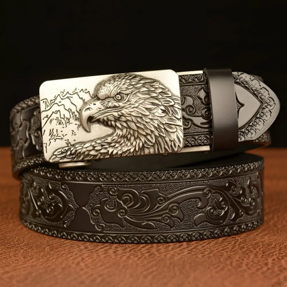 Embossed leather animal spirit belt with eagle buckle showcasing craftsmanship and style