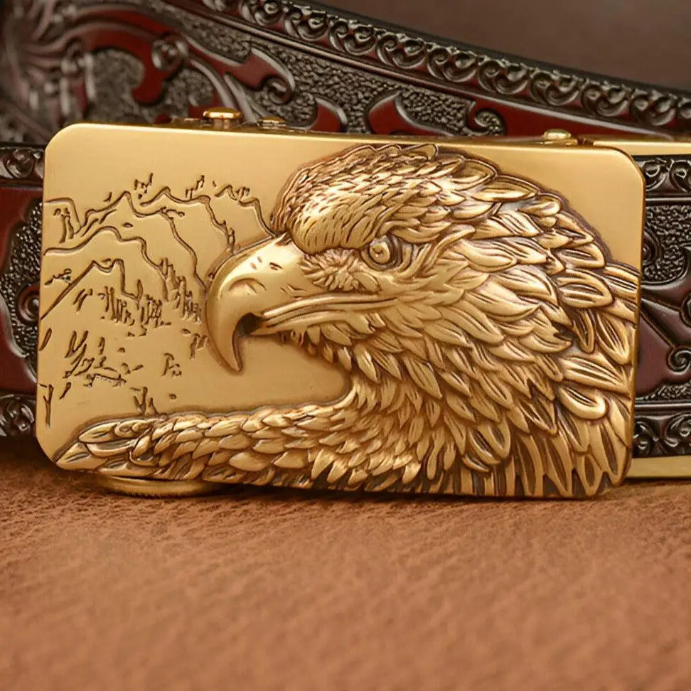 Gold eagle belt buckle on embossed leather animal spirit belt for a stylish spirit belt