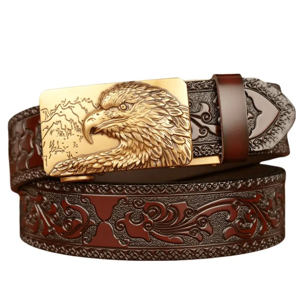 Embossed leather animal spirit belt with eagle buckle showcasing craftsmanship and style