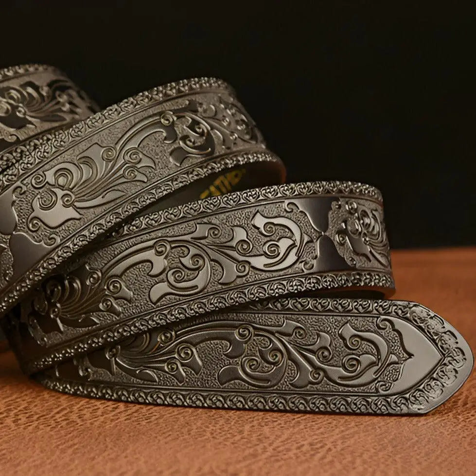 Elegant dark metal belt with embossed animal spirit design and eagle buckle for spirit belt style
