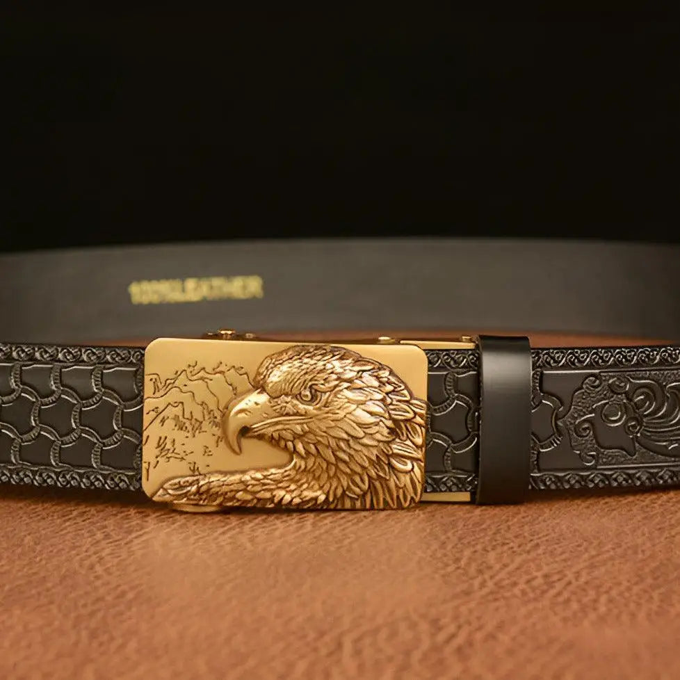Embossed leather animal spirit belt with eagle buckle showcasing intricate craftsmanship