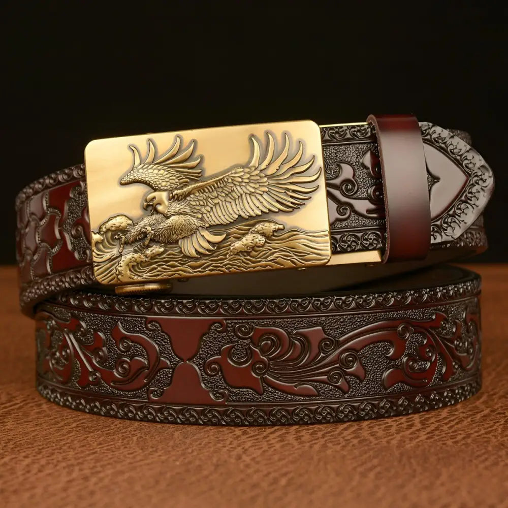 Embossed leather Jude Belt with eagle buckle for stylish men’s accessories