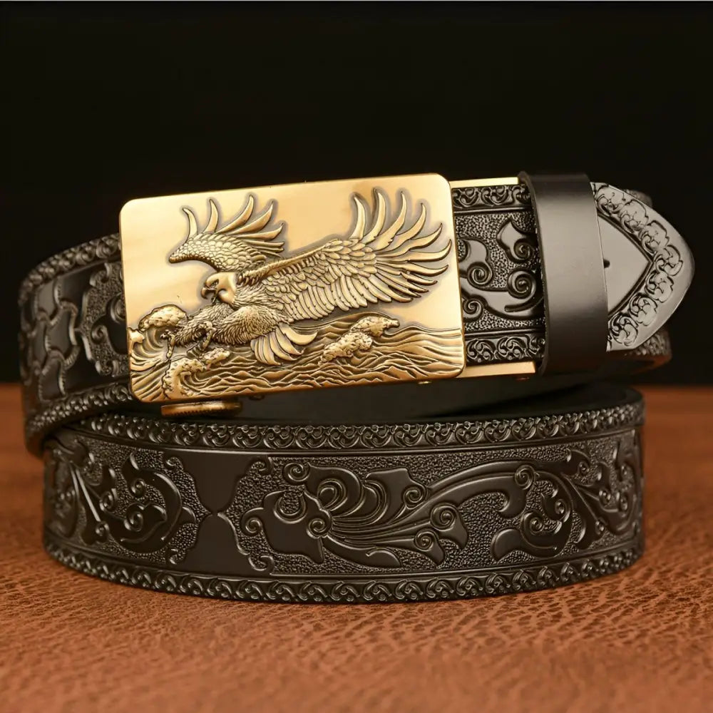 Jude Belt with embossed leather and eagle buckle showcasing premium craftsmanship
