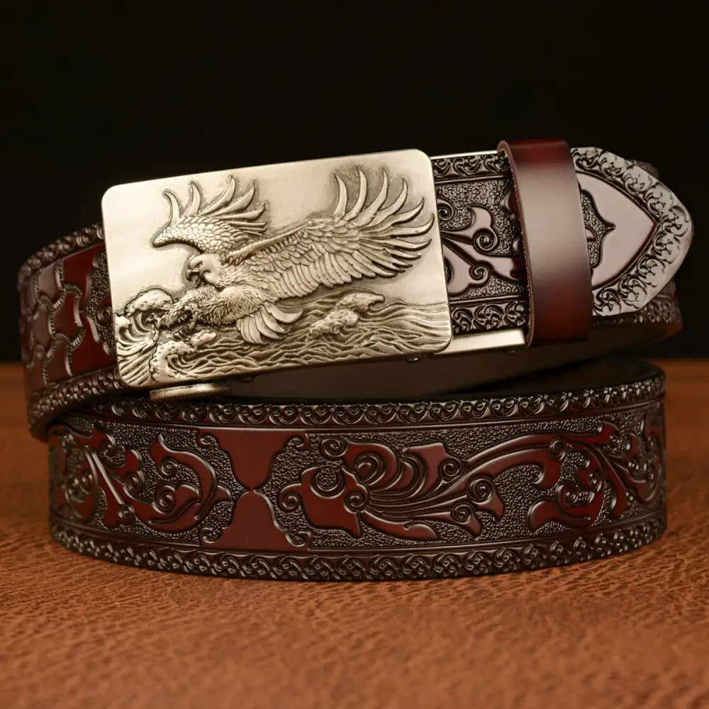 Jude Belt with embossed leather and eagle buckle showcasing craftsmanship and style