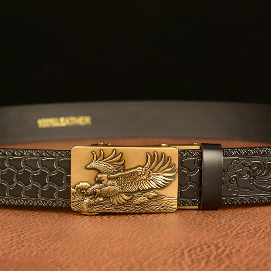 Jude Belt with embossed leather and eagle buckle showcasing craftsmanship and style