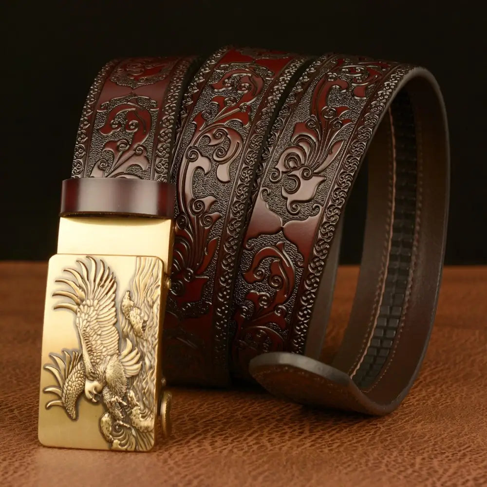 Jude Belt with embossed brown leather and eagle buckle for stylish men’s fashion