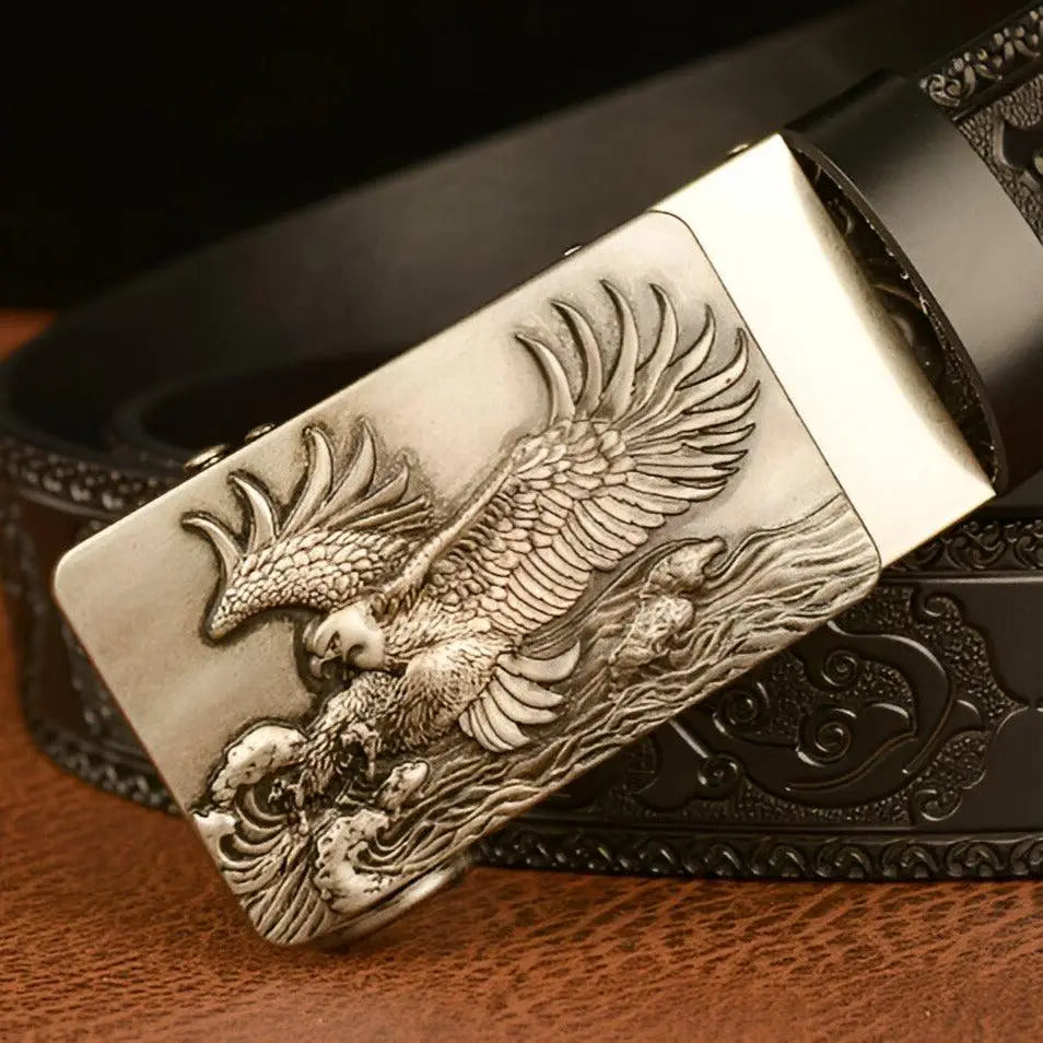 Jude Belt with Embossed Leather and Eagle Buckle showcasing a stylish leather belt with eagle buckle