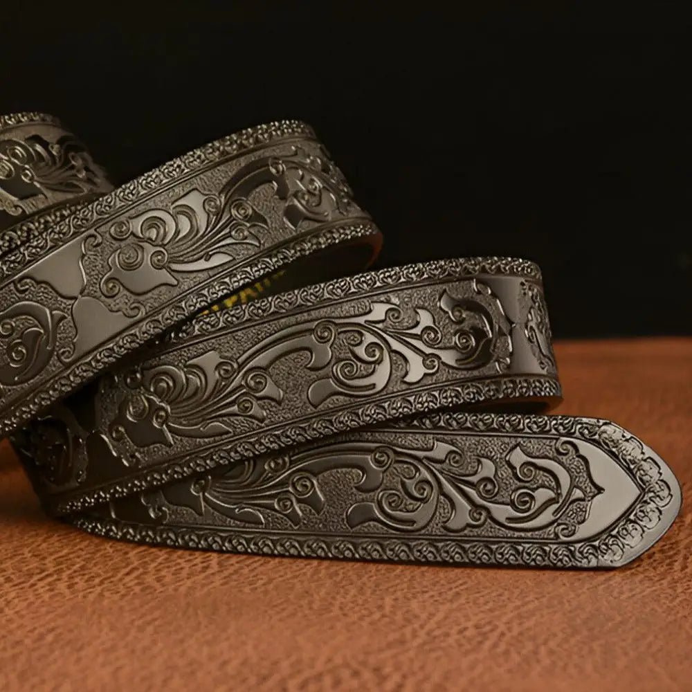 Jude Belt with embossed leather and eagle buckle showcasing premium craftsmanship