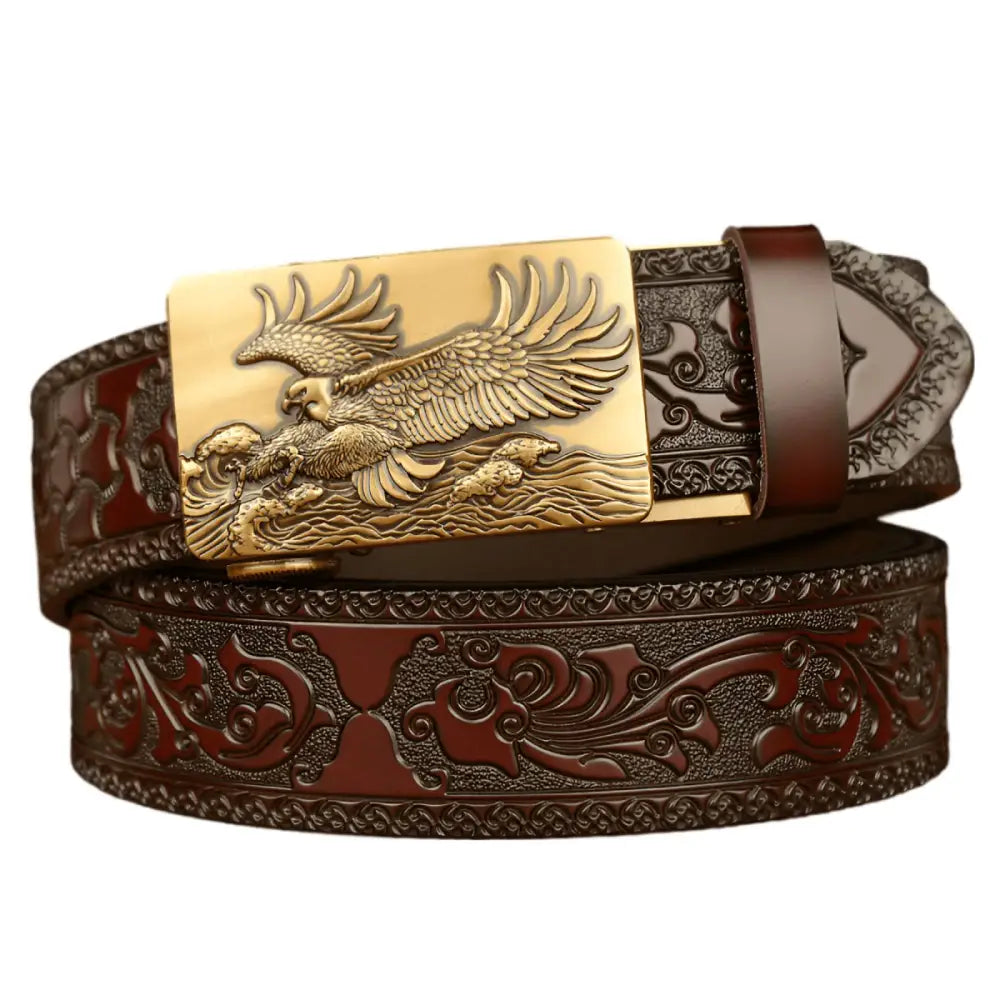 Embossed leather jude belt with eagle buckle for stylish men’s fashion accessory