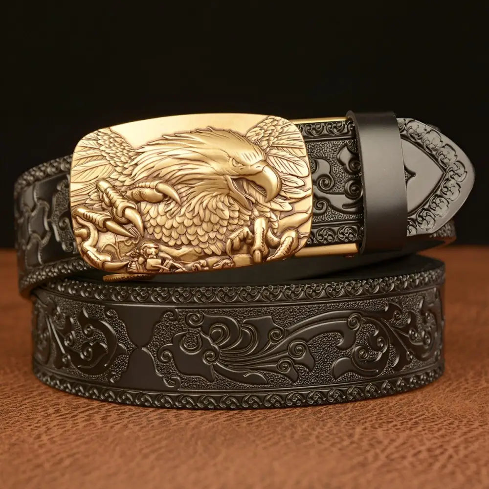 Embossed brown leather belt with an eagle buckle for a stylish and durable accessory