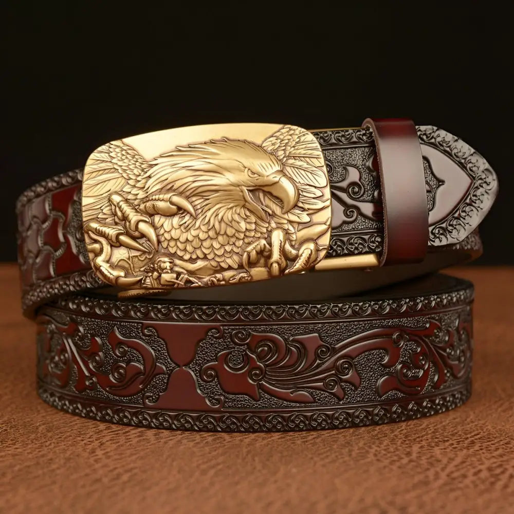 Embossed brown leather belt with detailed eagle buckle for a stylish accessory