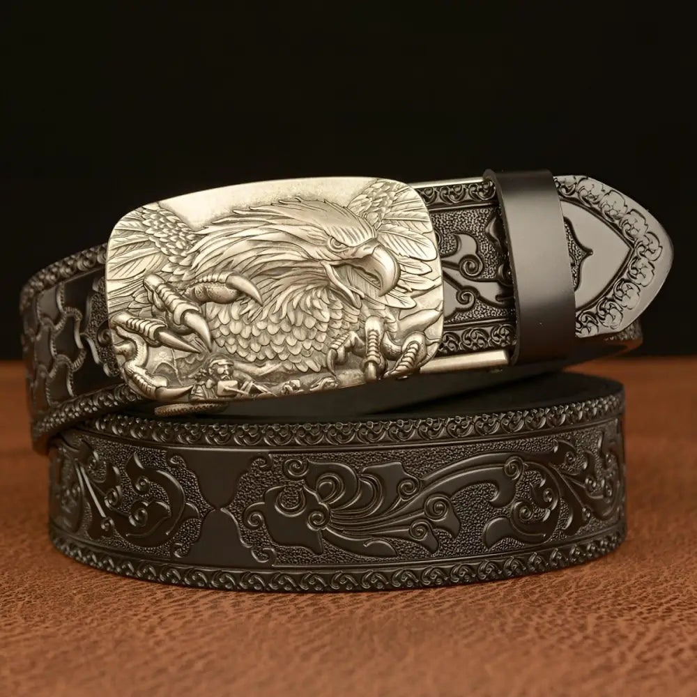 Embossed brown leather belt featuring a detailed eagle buckle for stylish accessory