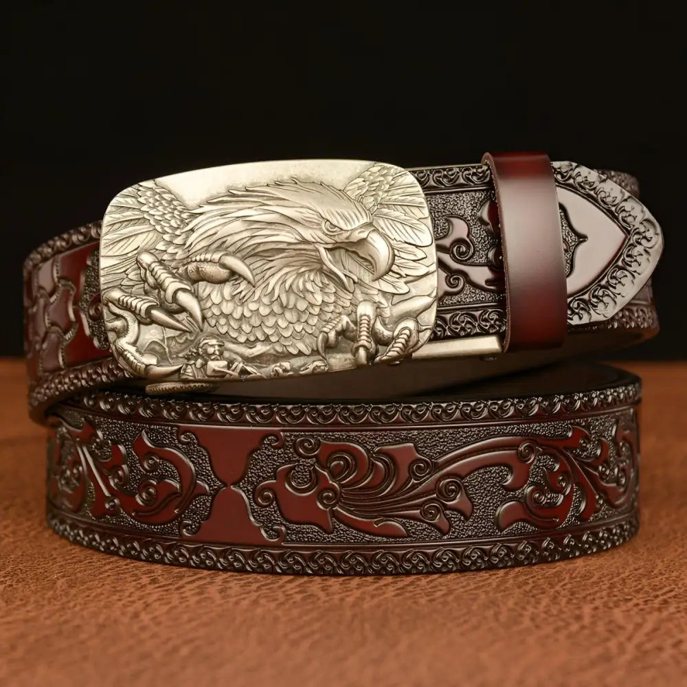 Embossed brown leather belt featuring an eagle buckle for stylish men’s fashion