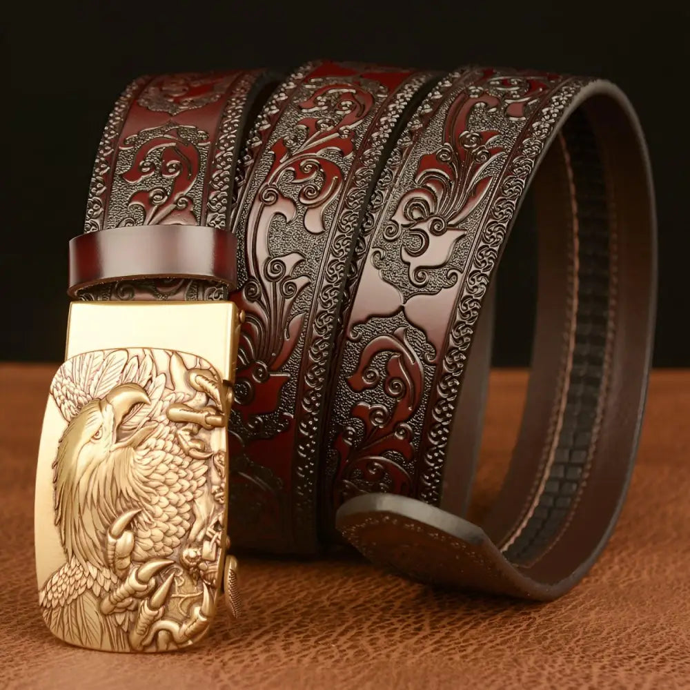 Embossed Brown Leather Belt with Eagle Buckle displaying intricate design and craftsmanship