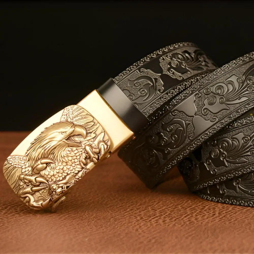 Embossed brown leather belt with detailed eagle buckle for a stylish appearance