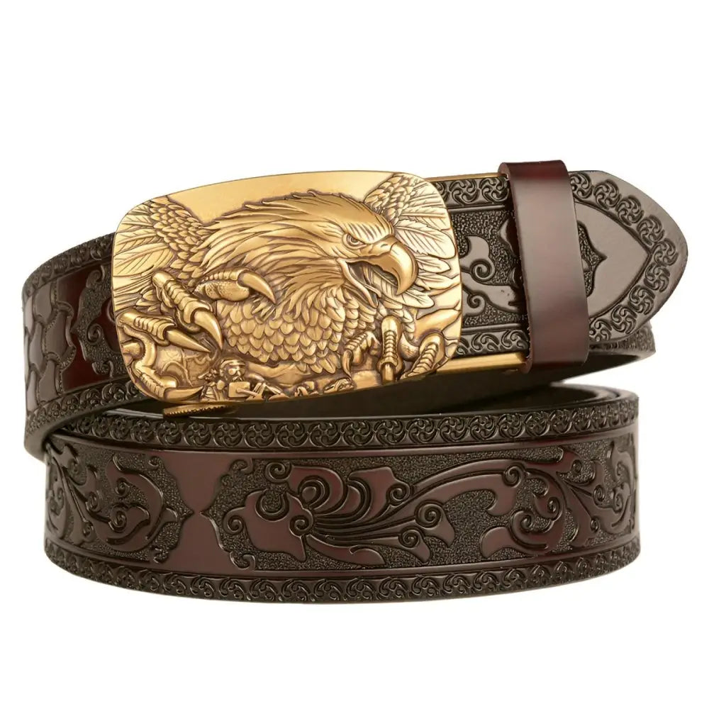 Embossed brown leather belt with eagle buckle displayed in Embossed Brown Leather Belt with Eagle Buckle product