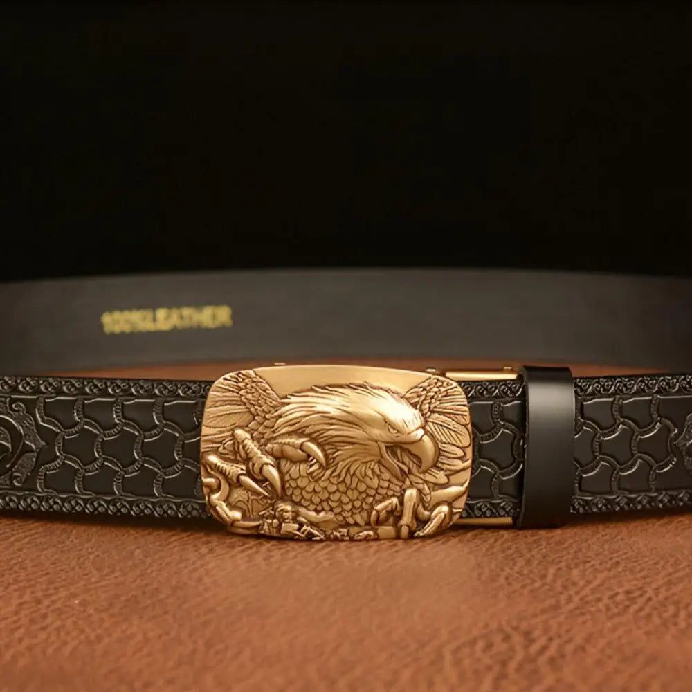 Black leather belt with eagle buckle for the Embossed Brown Leather Belt with Eagle Buckle product