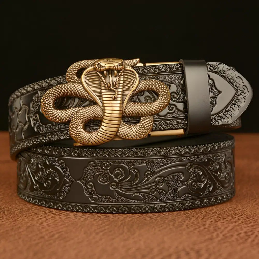 Embossed leather spirit animal belt with cobra motif and Cobra Snake buckle for style