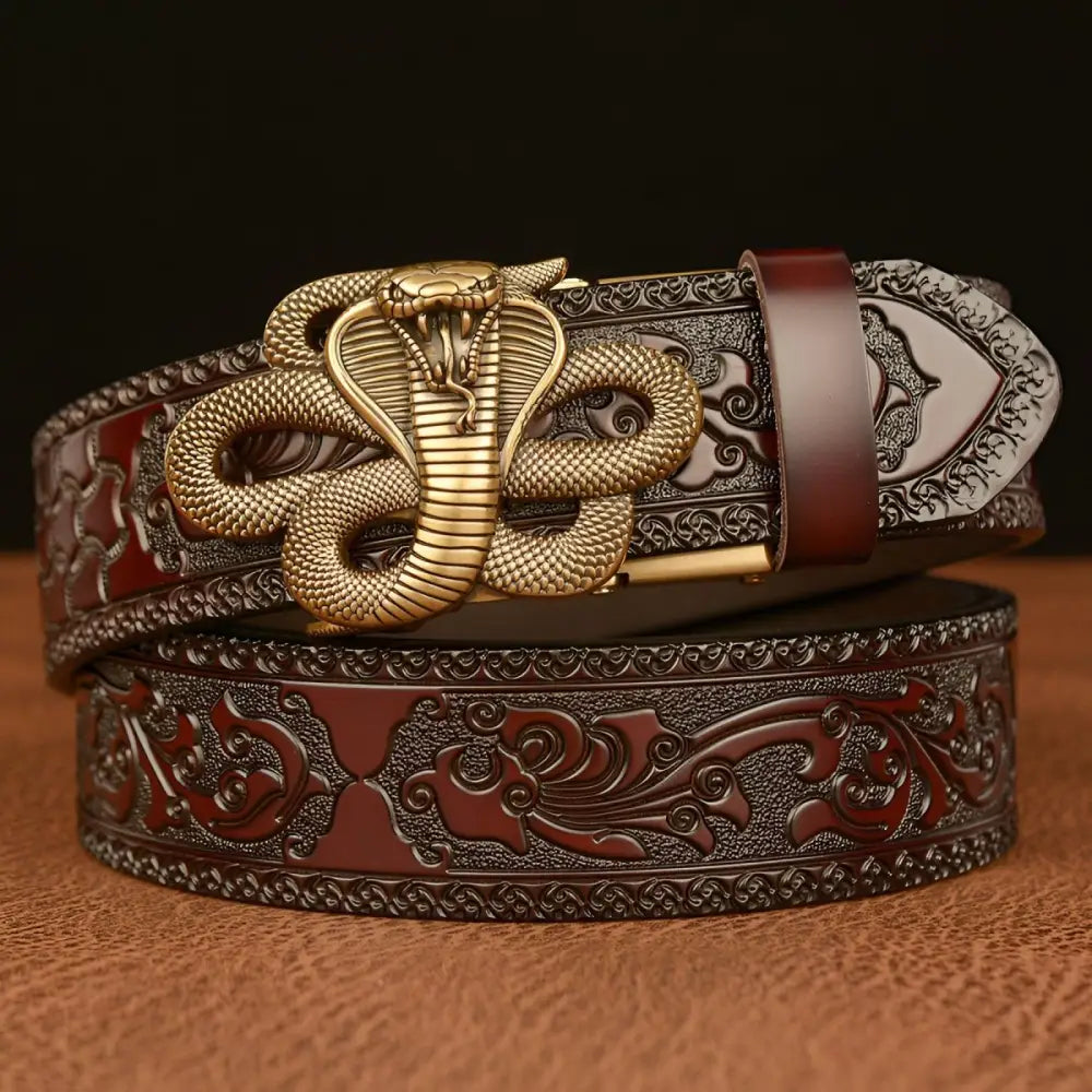 Embossed leather spirit animal belt with cobra motif and snake buckle for stylish wear