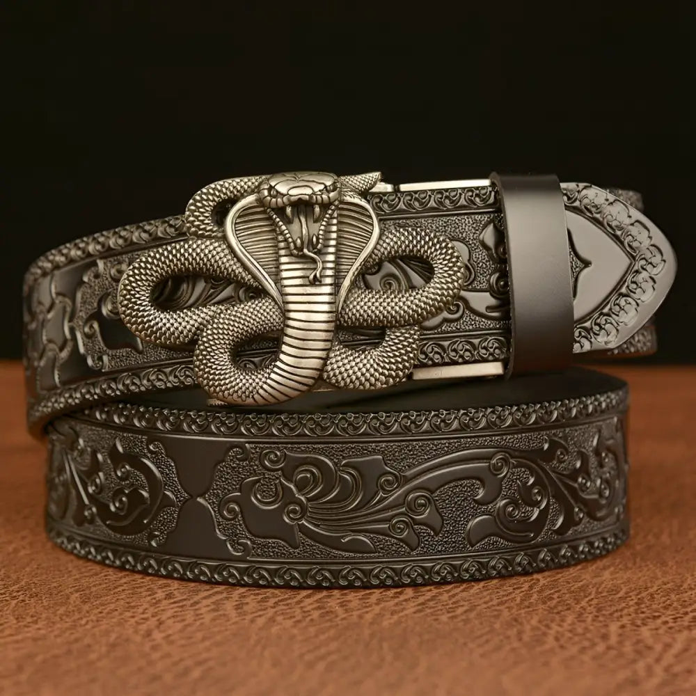 Embossed leather spirit animal belt with cobra snake buckle, stylish animal belt design