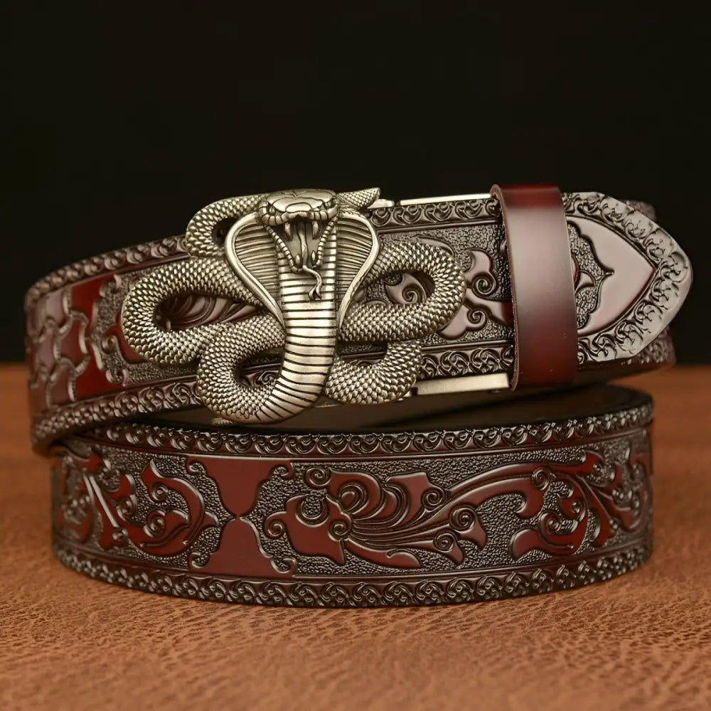 Embossed leather spirit animal belt with cobra motif and snake buckle for stylish accessories