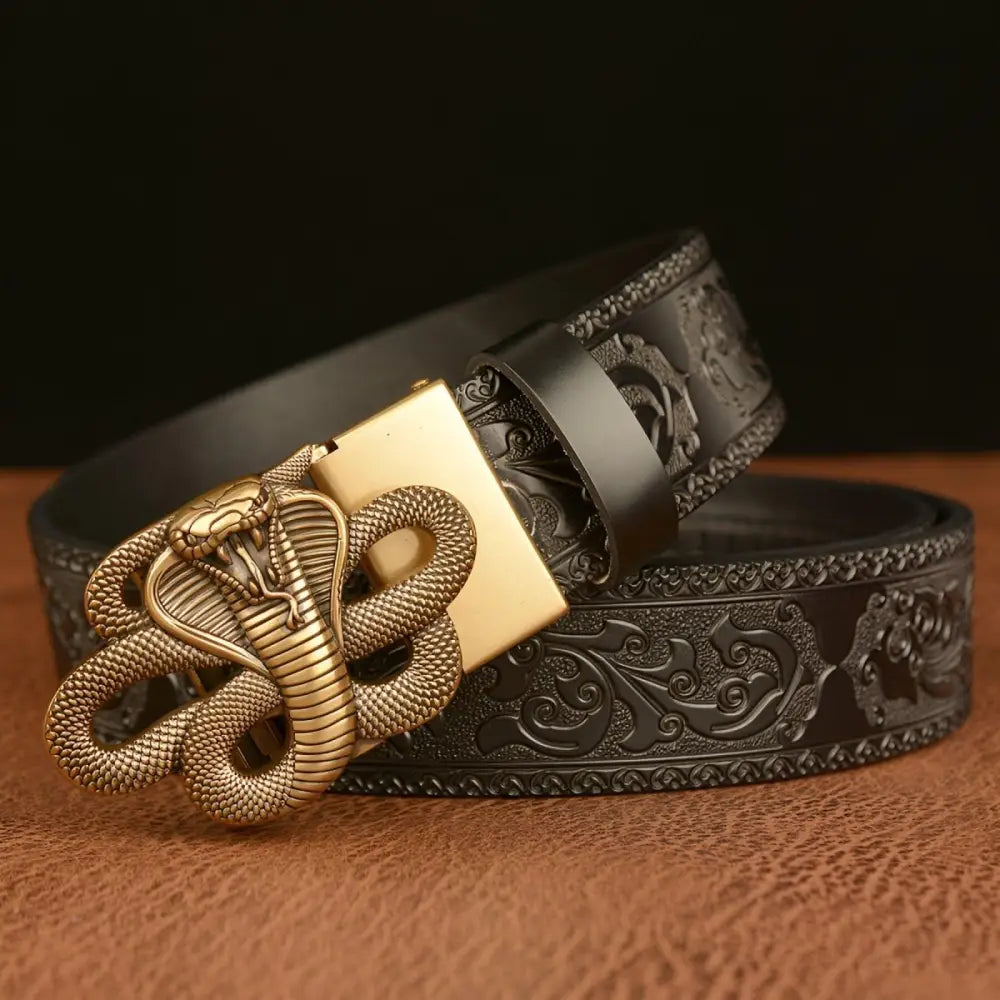Black leather spirit animal belt with cobra motif and Cobra Snake Buckle for stylish wear
