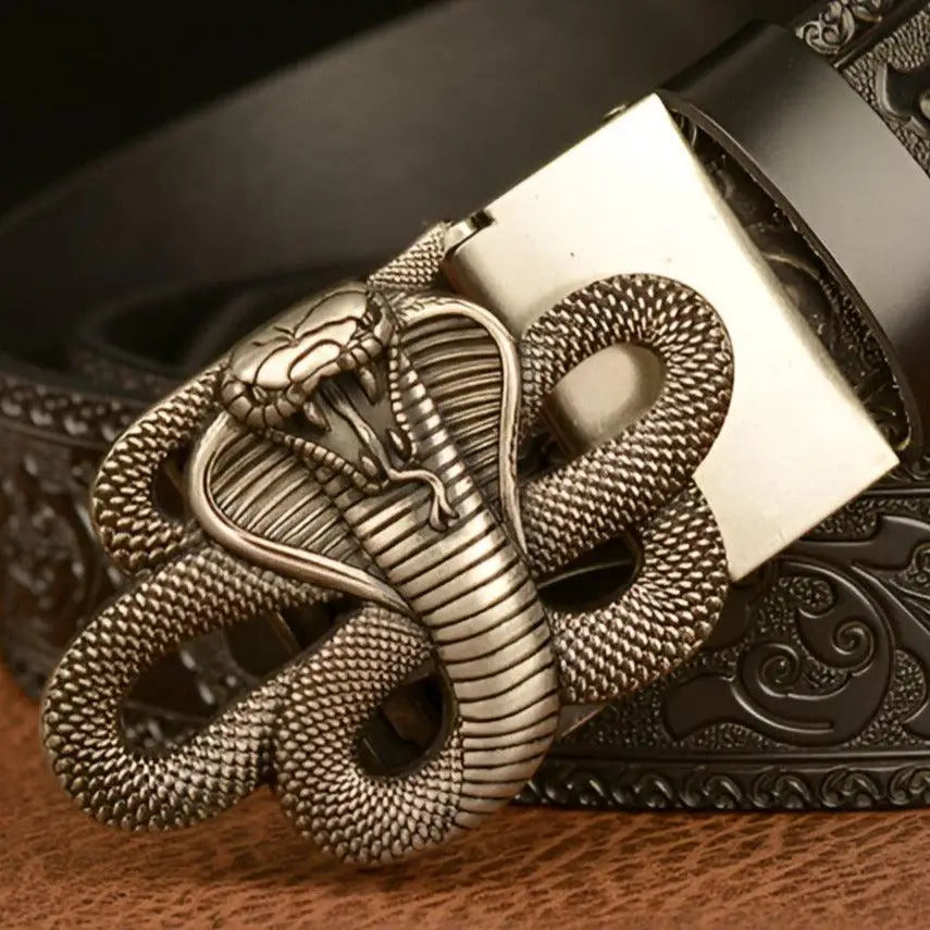 Embossed Leather Spirit Animal Belt featuring a Cobra Motif and Cobra Buckle
