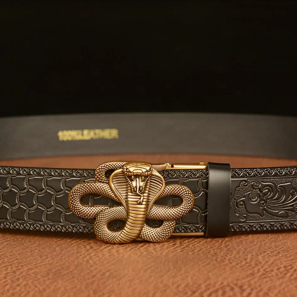 Embossed Leather Spirit Animal Belt with Cobra Snake Buckle showcasing a unique animal belt design