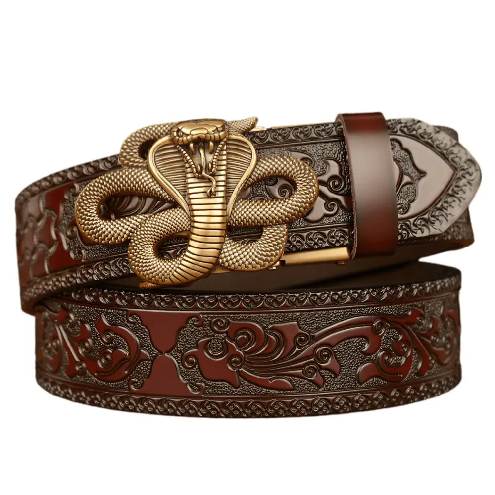 Embossed leather spirit animal belt with cobra snake buckle casual animal belt accessory