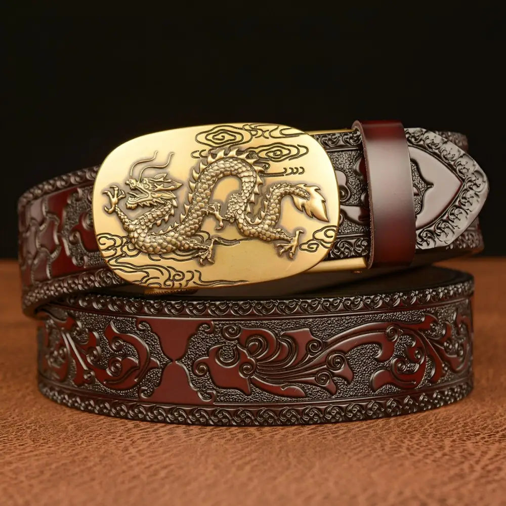 Embossed leather animal spirit belt with dragon buckle, stylish spirit belt accessory