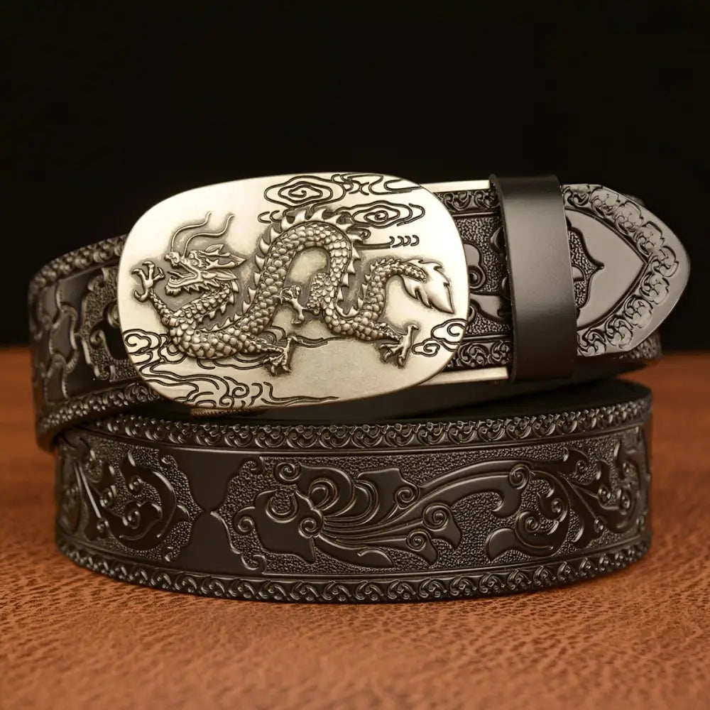 Embossed leather animal spirit belt featuring a detailed dragon buckle for style and symbolism