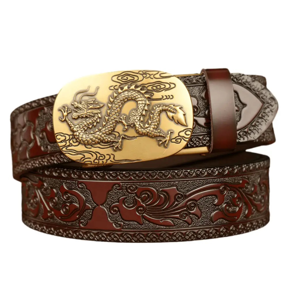 Embossed leather animal spirit belt with dragon buckle, stylish spirit belt for men