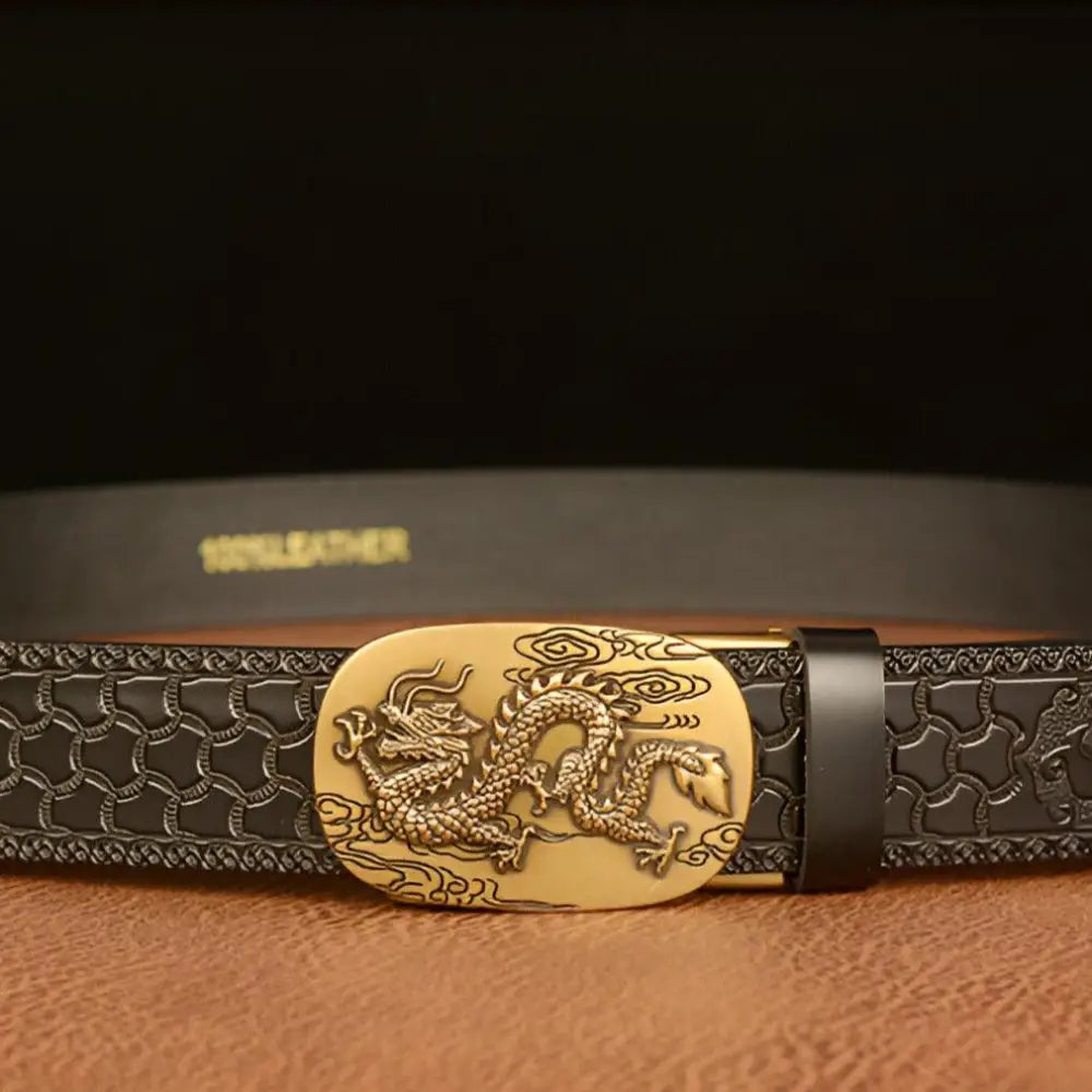 Black leather animal spirit belt with intricate dragon buckle for stylish accessory