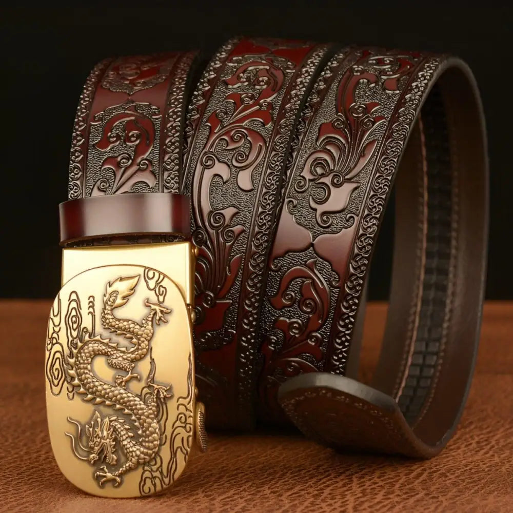 Embossed leather animal spirit belt featuring a detailed dragon buckle for stylish wear
