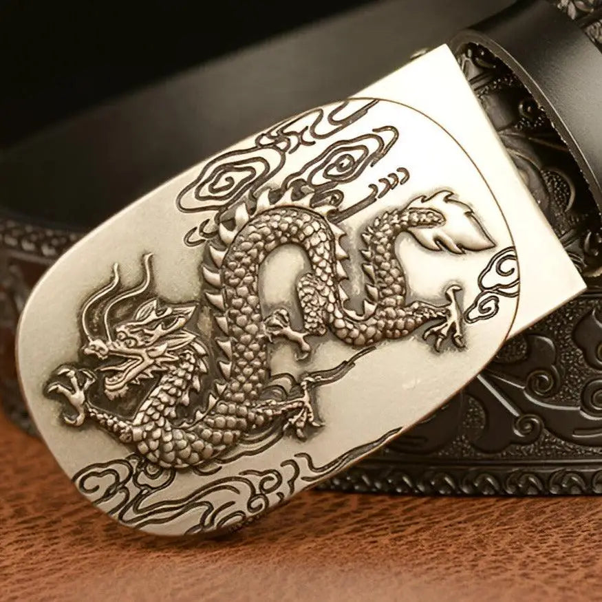 Embossed Leather Animal Spirit Belt featuring a detailed dragon-adorned buckle