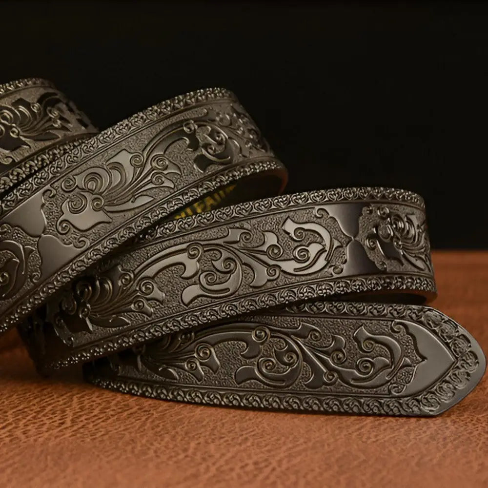 Elegant embossed leather animal spirit belt with dragon buckle for authentic style