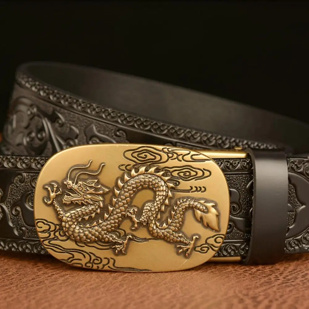 Black leather animal spirit belt featuring a golden dragon buckle for stylish wear