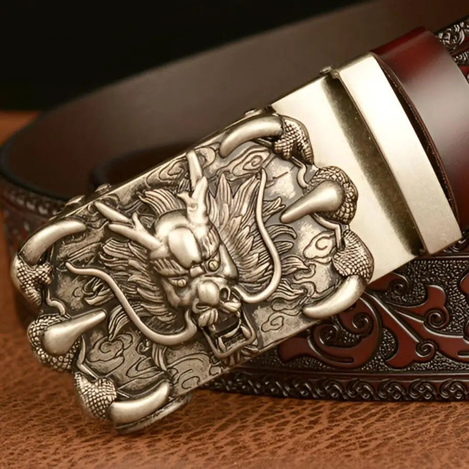 Embossed leather belt featuring an ornate dragon buckle for stylish attire