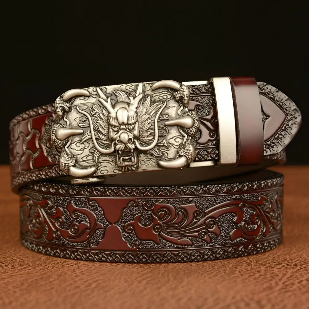 Embossed leather belt featuring an ornate dragon buckle for a sophisticated look
