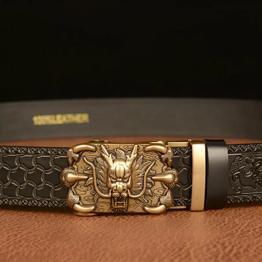 Embossed Leather Belt with Ornate Dragon Buckle for sophisticated fashion accessories