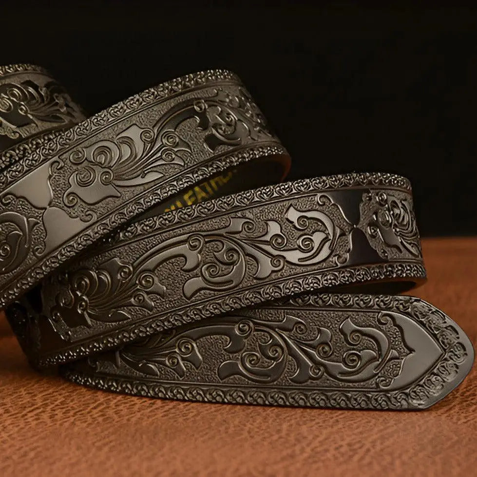Embossed dark leather belt featuring an ornate dragon buckle for a stylish look