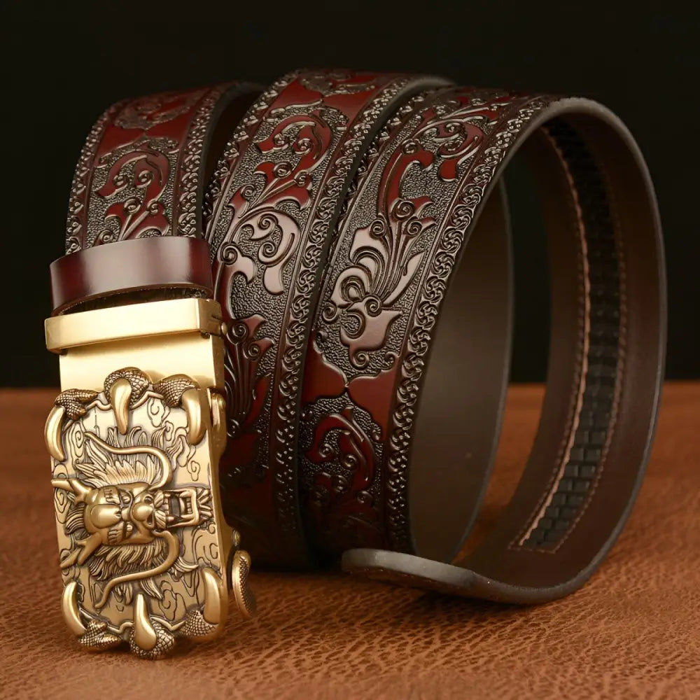 Embossed leather belt featuring an ornate dragon buckle for a stylish appearance