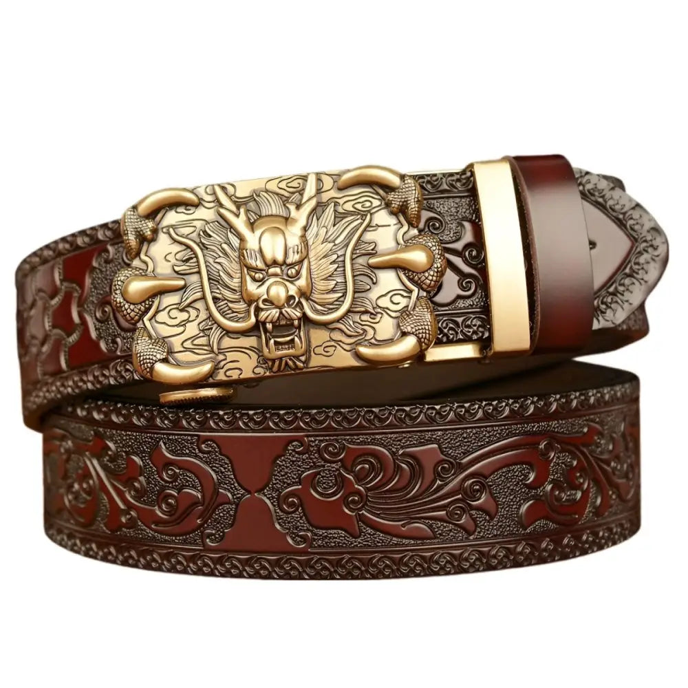 Embossed leather belt featuring an ornate dragon-shaped metal buckle for a stylish look