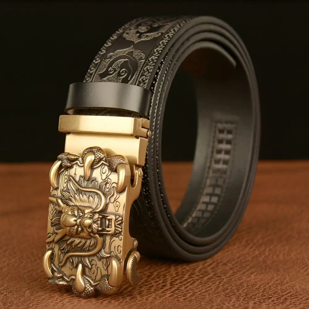 Black leather belt with ornate dragon buckle from Embossed Leather Belt collection