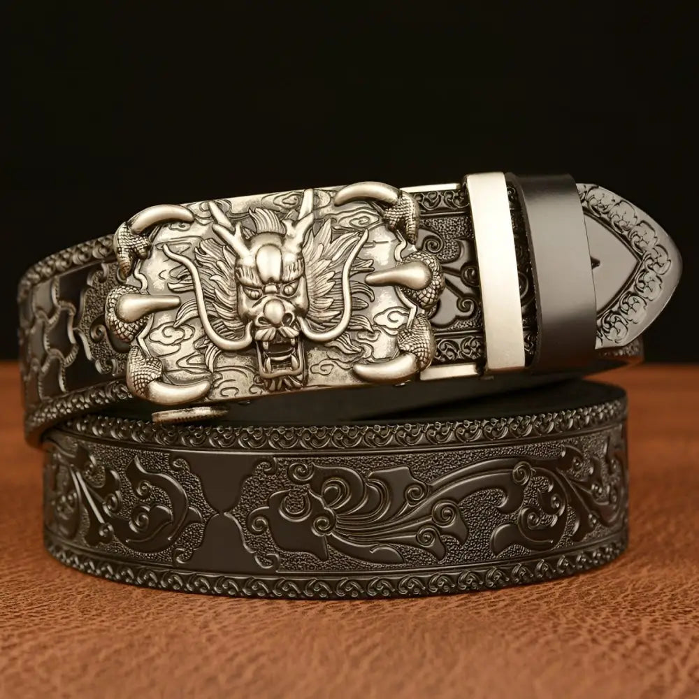 Embossed leather belt featuring an ornate dragon buckle for stylish accessories