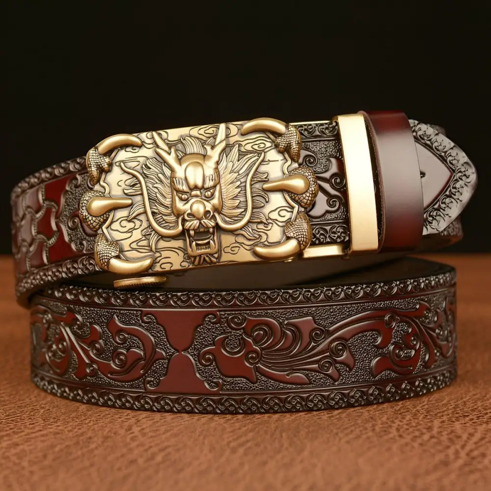 Embossed leather belt featuring an ornate dragon buckle for a stylish accessory